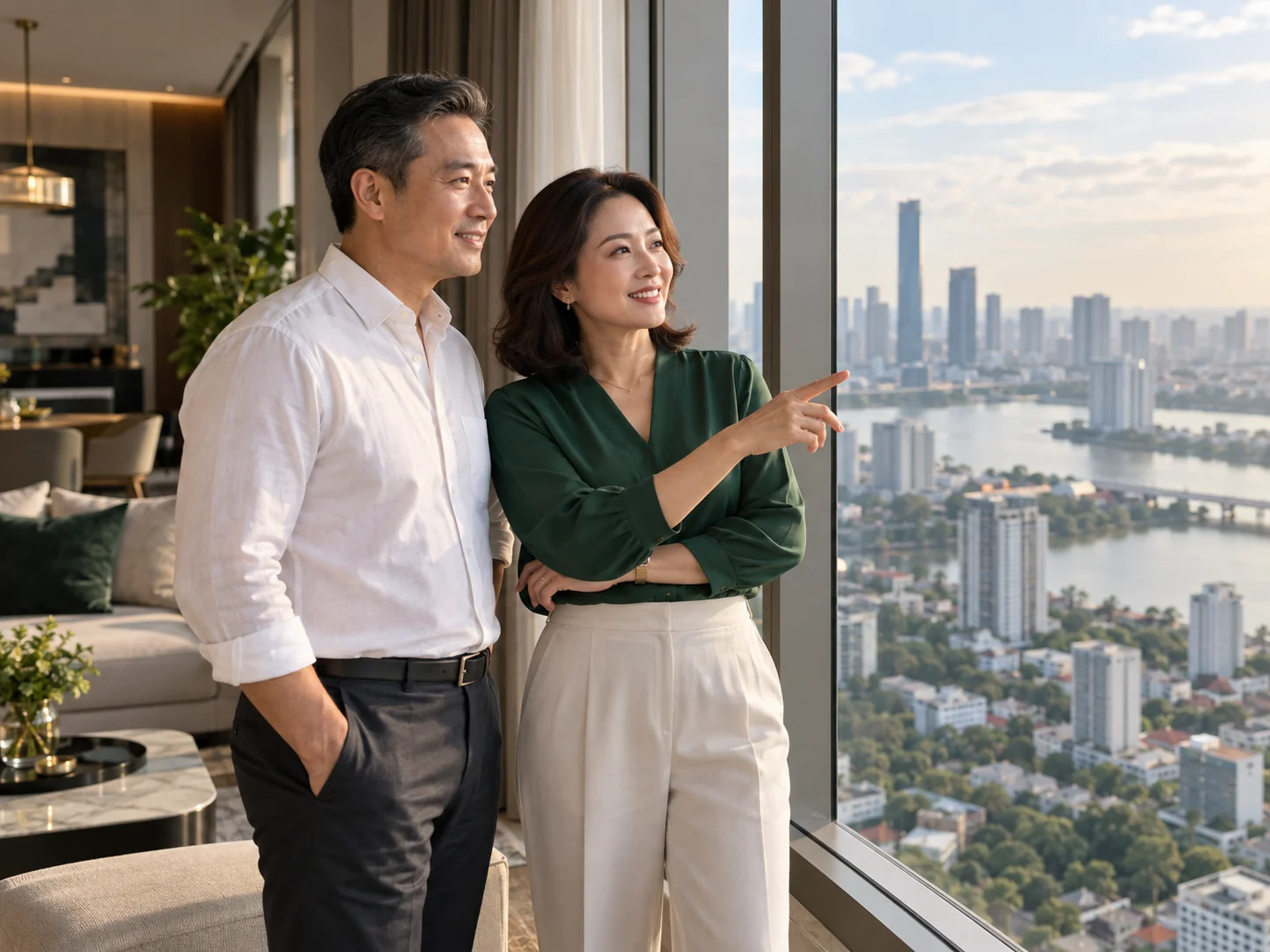 Cặp đôi nhà đầu tư cân nhắc căn hộ và tầm nhìn đô thị